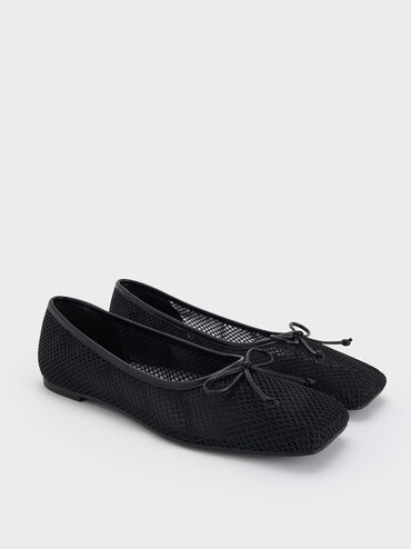 Mesh Square-Toe Bow Ballet Flats, Black Textured, hi-res