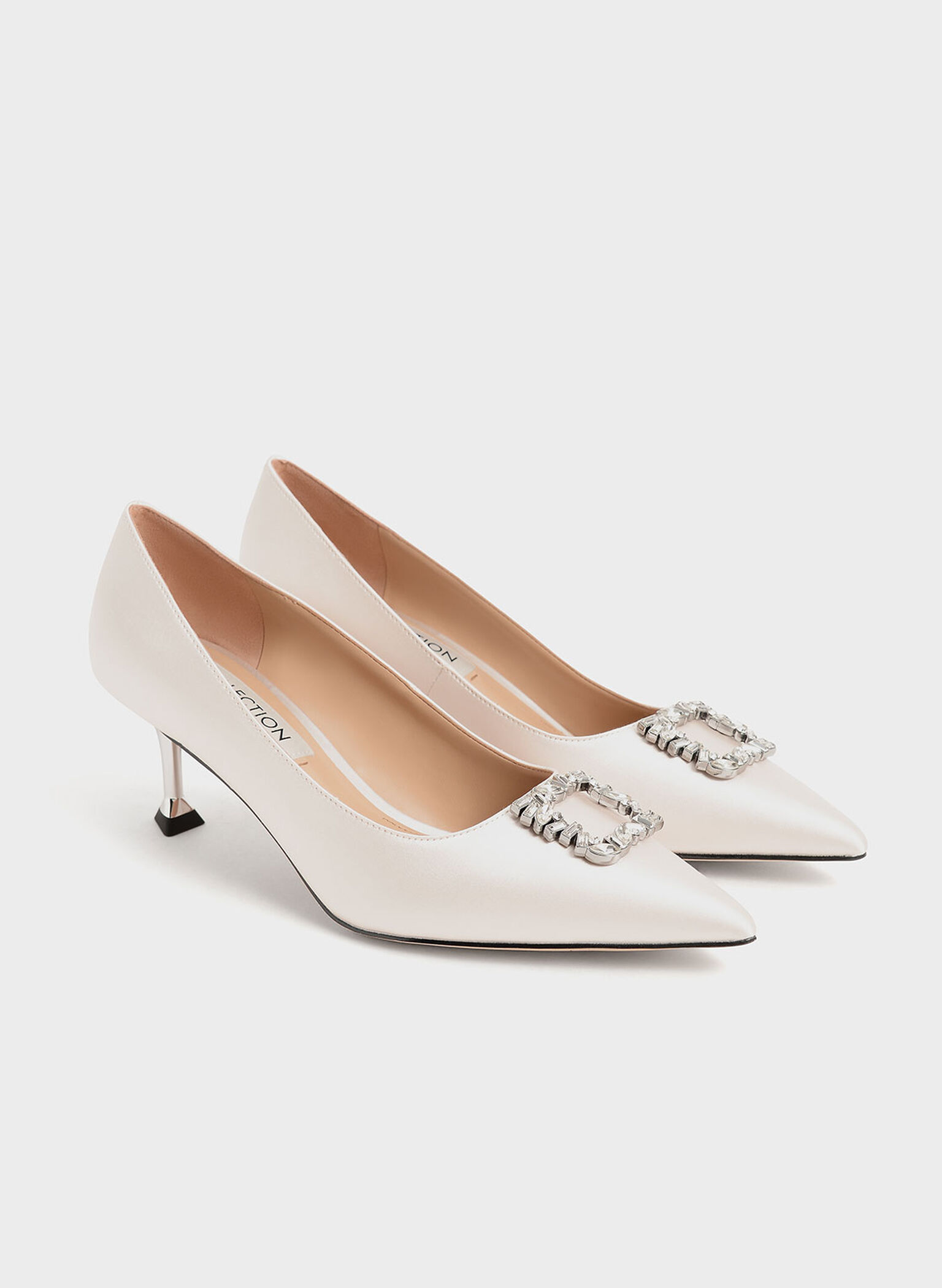 Ever Satin Gem-Embellished Kitten Heel Pumps, Cream, hi-res