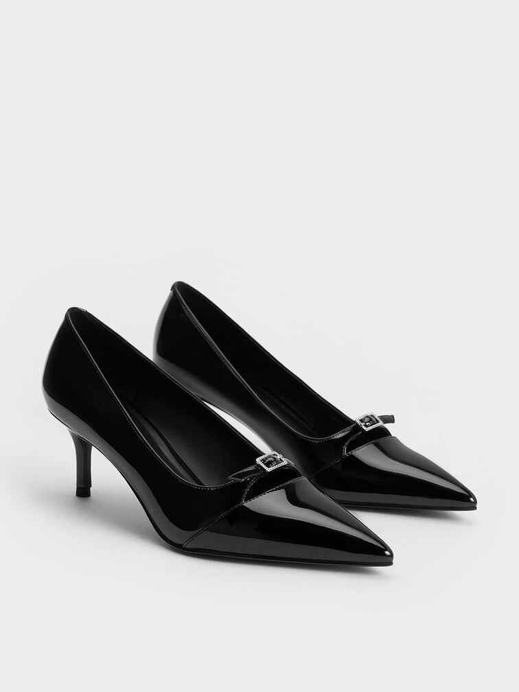 Patent Buckle-Strap Pointed-Toe Pumps, Black Patent, hi-res
