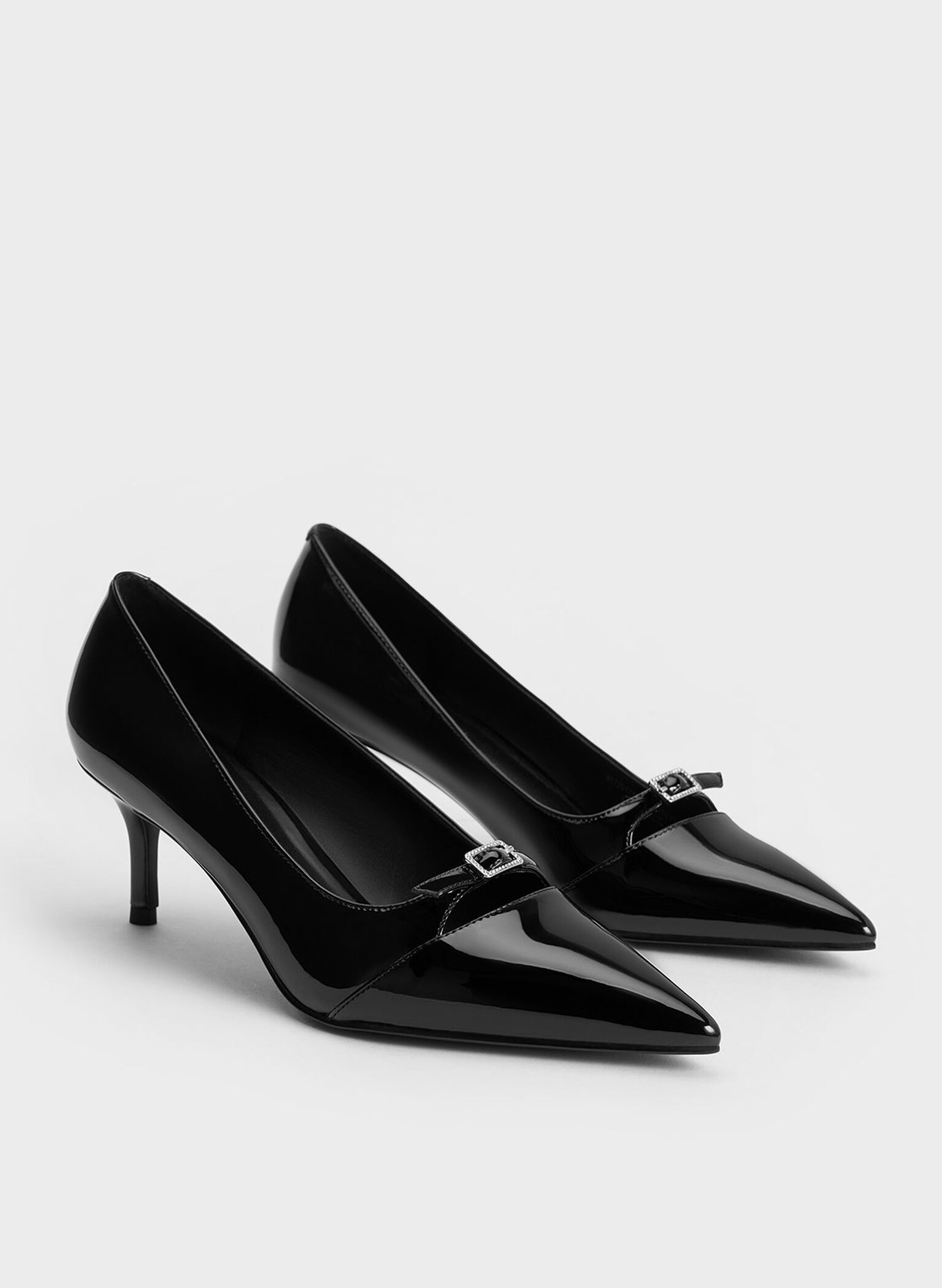 Patent Buckle-Strap Pointed-Toe Pumps, Black Patent, hi-res