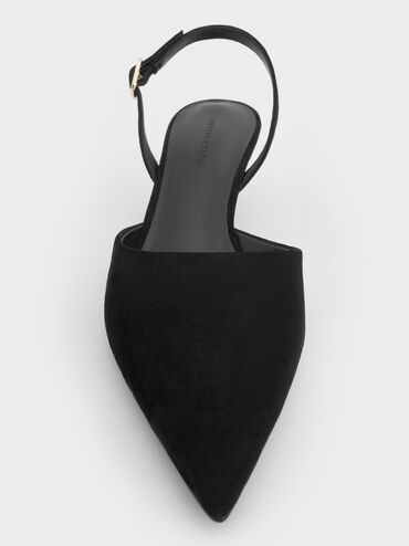 Faux Suede Pointed-Toe Slingback Kitten Heels, Black Textured, hi-res