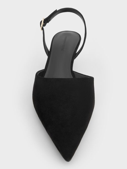 Faux Suede Pointed-Toe Slingback Kitten Heels, Black Textured, hi-res