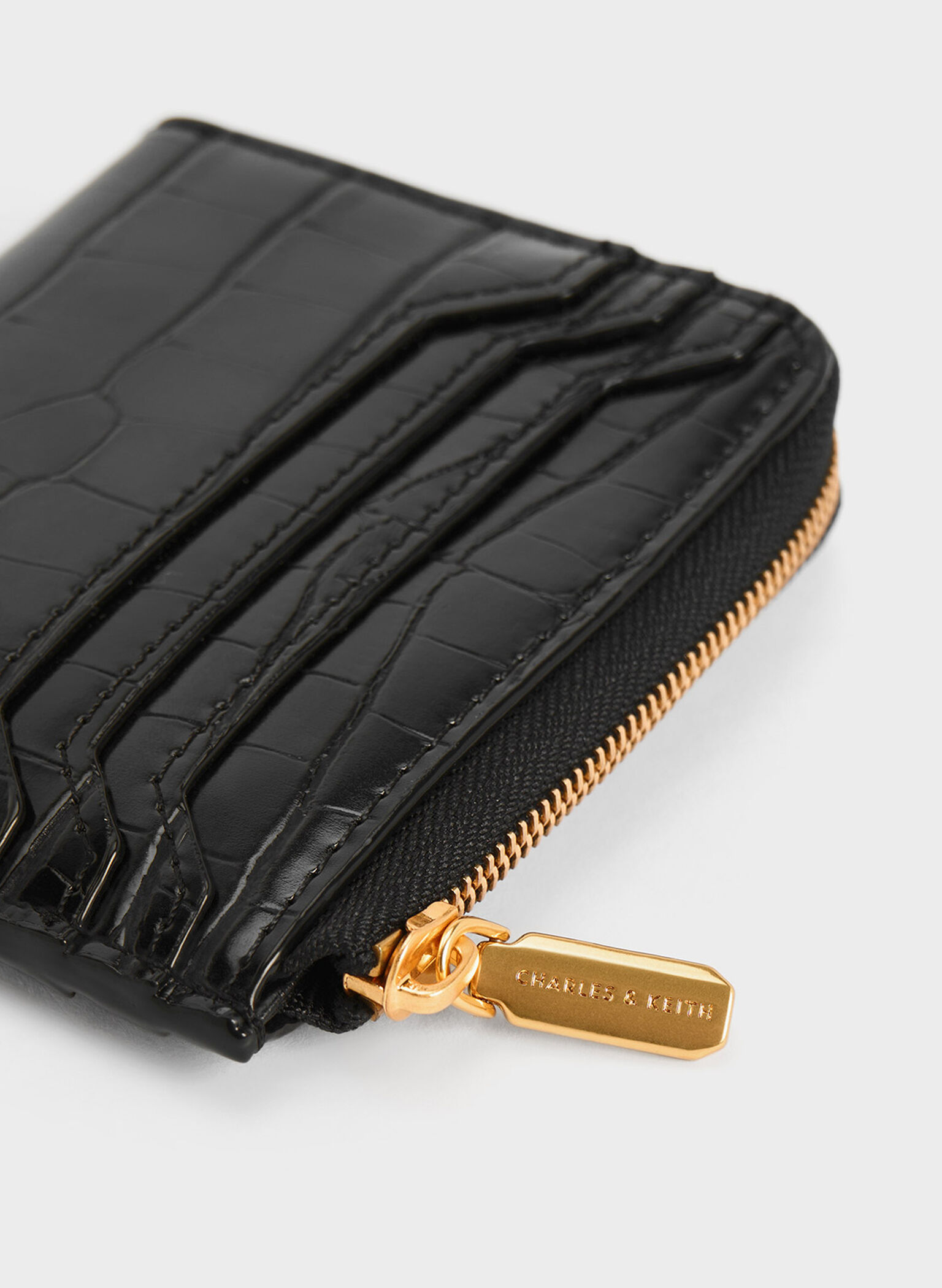 Croc-Embossed Zip-Around Cardholder, Black, hi-res