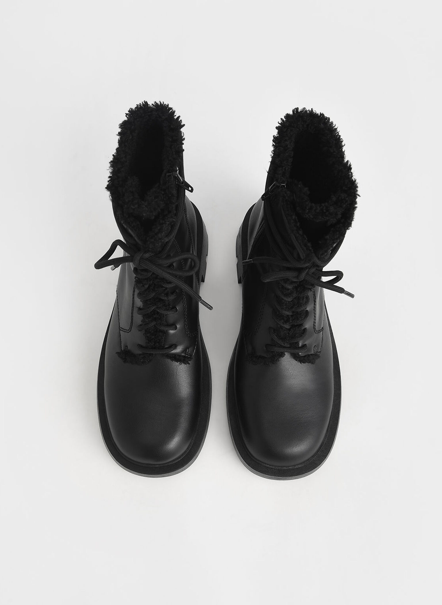 Fur-Trim Lace-Up Ankle Boots, Black, hi-res