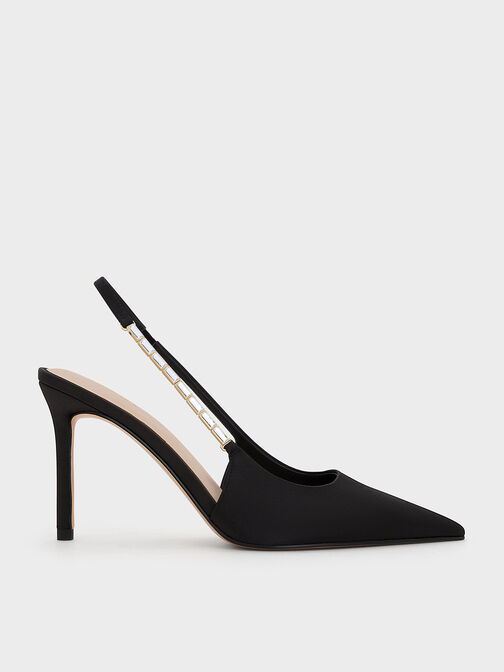 Satin Embellished-Strap Pointed-Toe Slingback Pumps, Black Textured, hi-res