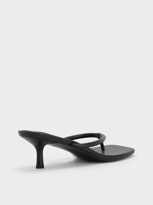 Square-Toe Kitten-Heel Thong Sandals, Black, hi-res