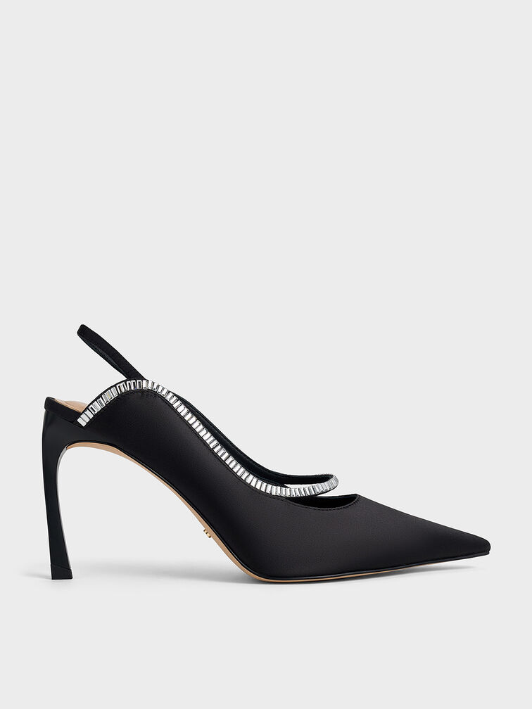 Recycled Polyester Crystal-Embellished Pointed-Toe Slingback Pumps, Black Textured, hi-res