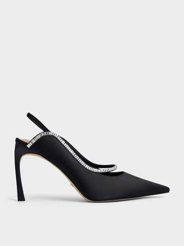 Recycled Polyester Crystal-Embellished Pointed-Toe Slingback Pumps, Black Textured, hi-res