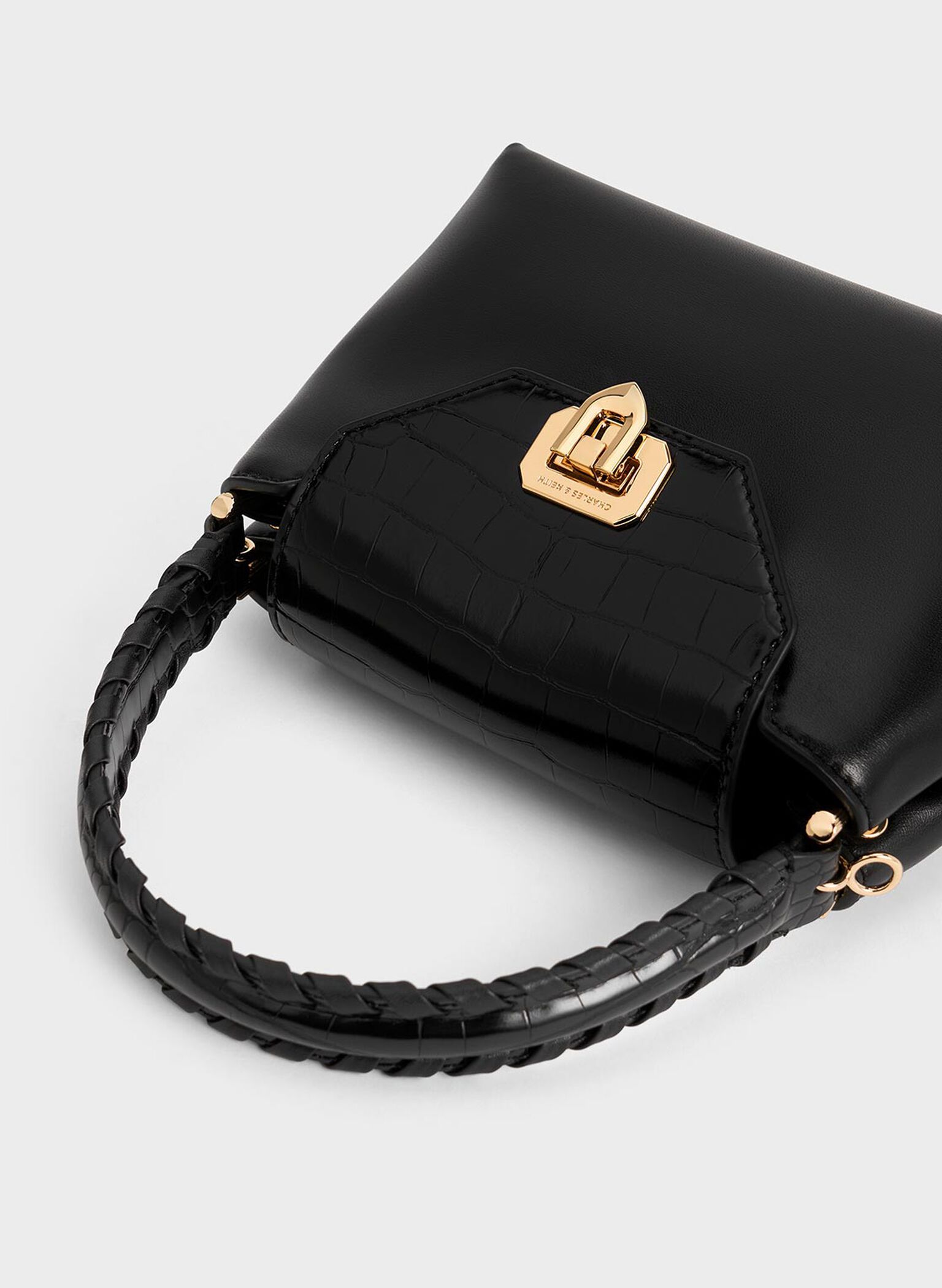 Arwen Croc-Effect Braided-Strap Top Handle Bag, Black, hi-res