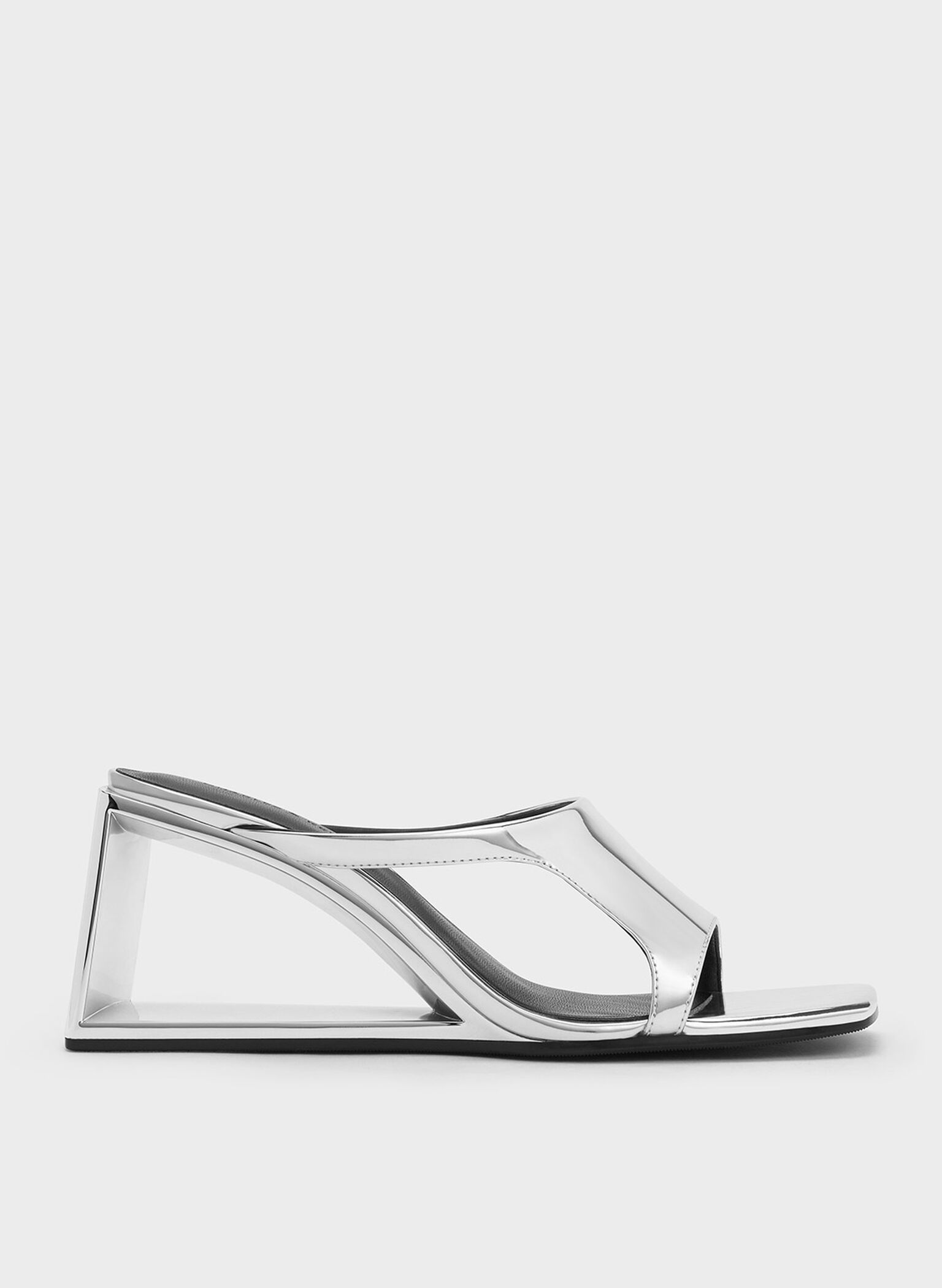 Xeli Metallic Triangle-Heel Mules, Silver, hi-res