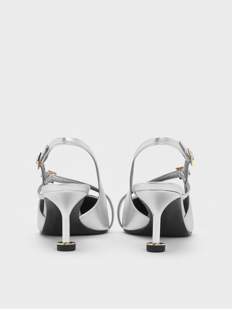 Metallic Buckled Sculptural-Heel Slingback Pumps, Silver, hi-res