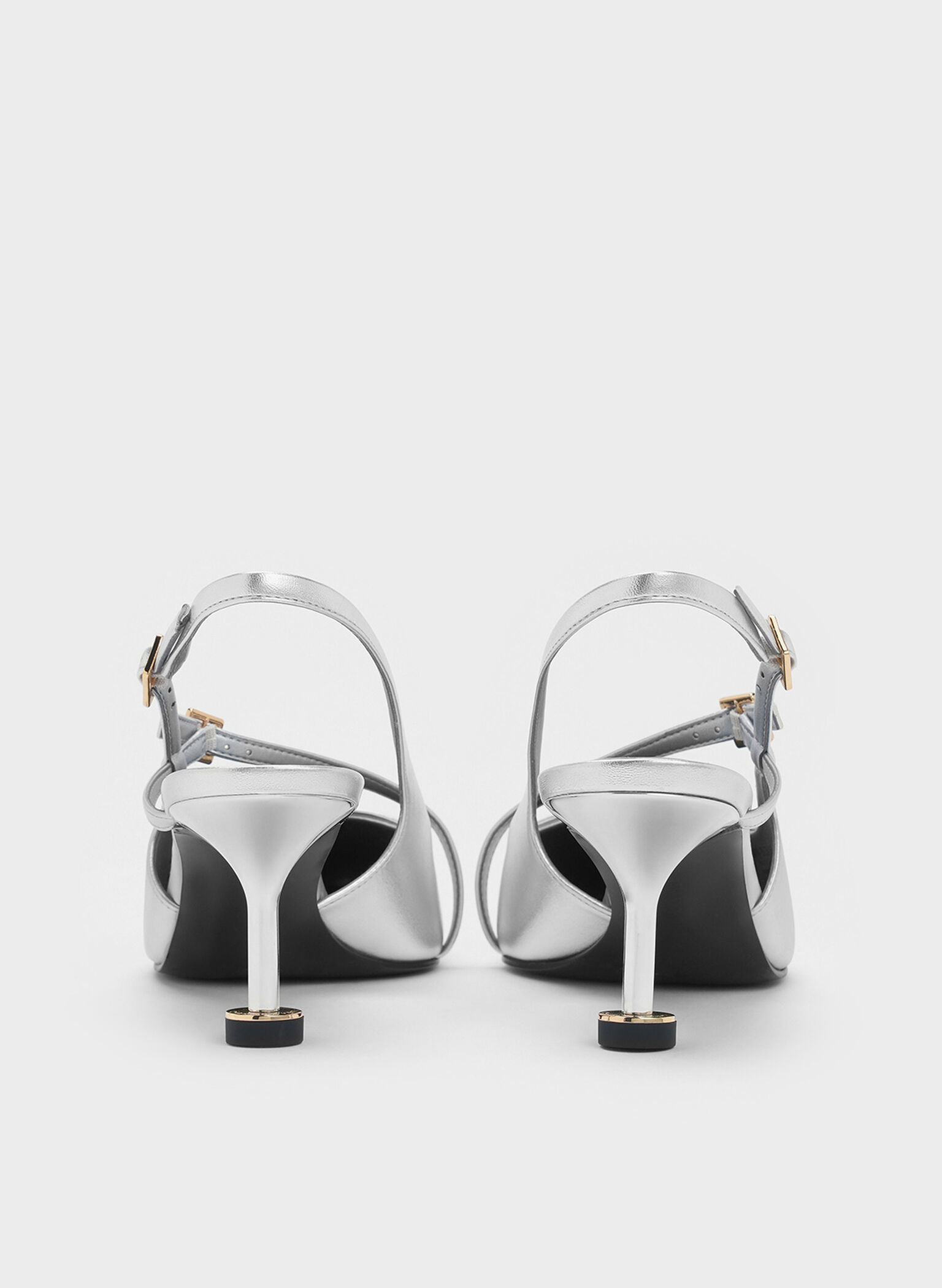 Metallic Buckled Sculptural-Heel Slingback Pumps, Silver, hi-res