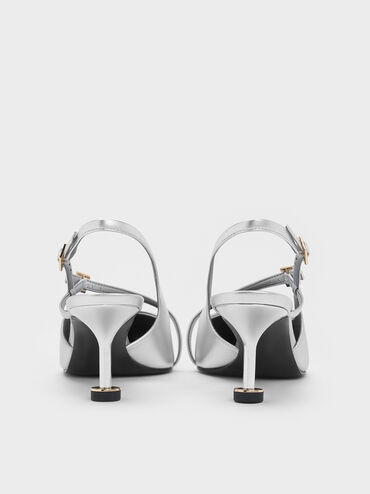 Metallic Buckled Sculptural-Heel Slingback Pumps, Silver, hi-res