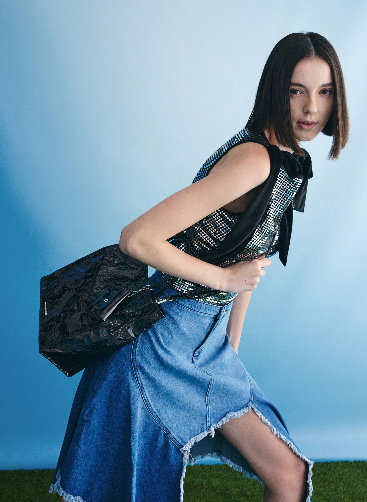 Large Matina Patent Crinkle-Effect Elongated Tote Bag, Prism Noir, hi-res