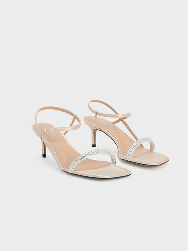 Recycled Polyester Gem-Embellished Ankle-Strap Sandals, Cream, hi-res