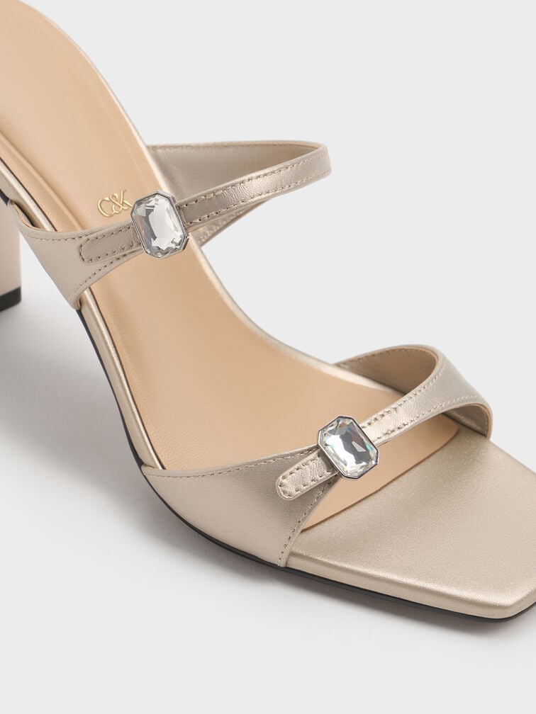 Pearlescent Leather Gem-Buckle Double-Strap Heeled Sandals, Ivory, hi-res
