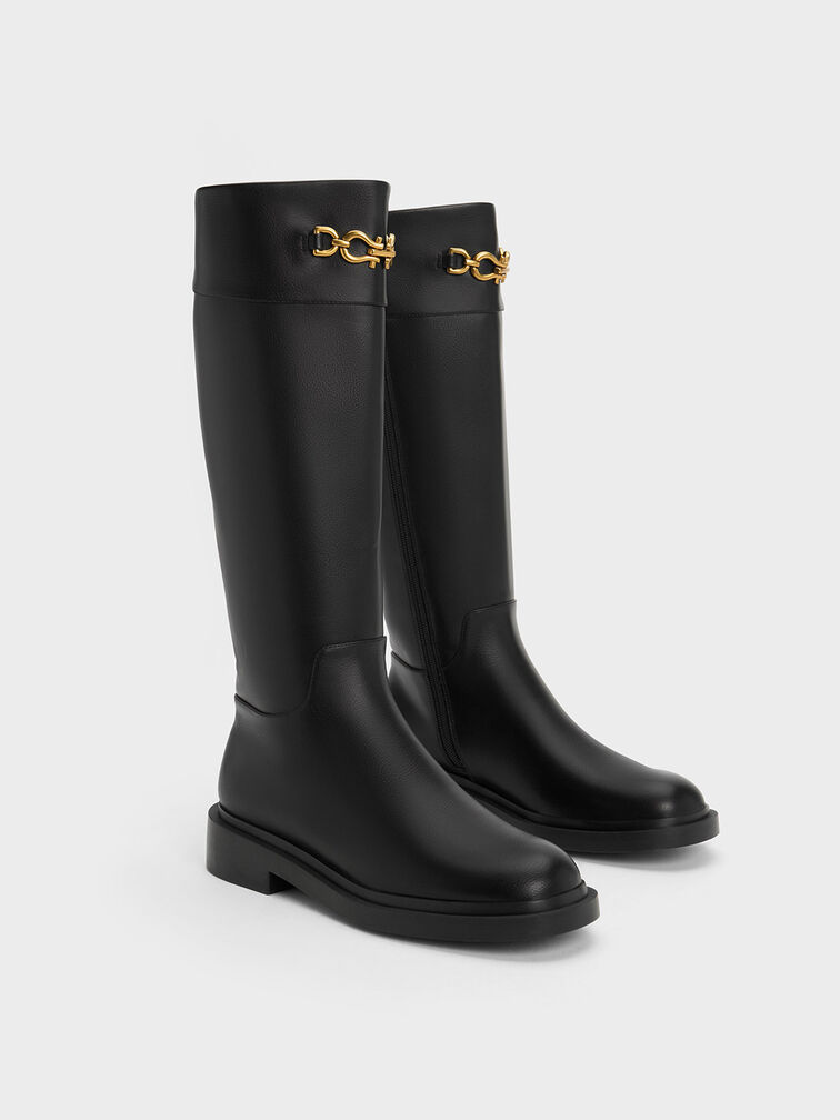 Bryn Metallic Chain Accent Knee-High Boots, Black, hi-res