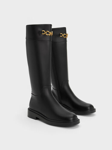 Bryn Metallic Chain Accent Knee-High Boots, Black, hi-res