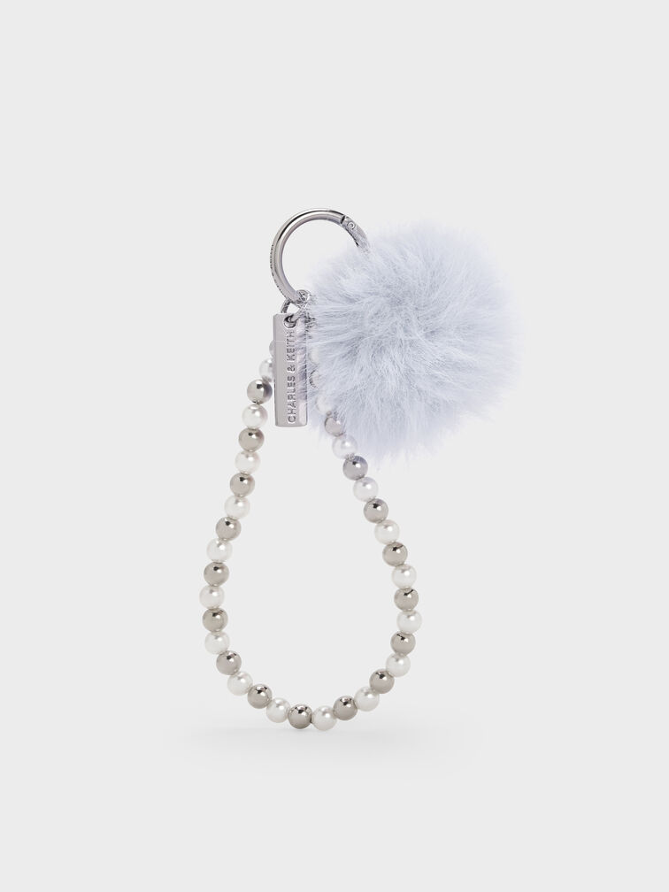 Pearl Beaded-Strap Furry Ball Charm, Sea Salt Blue, hi-res