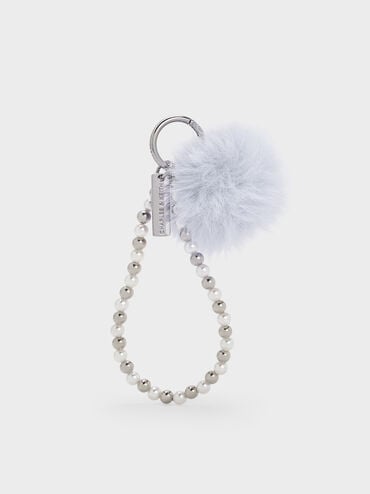 Pearl Beaded-Strap Furry Ball Charm, Sea Salt Blue, hi-res