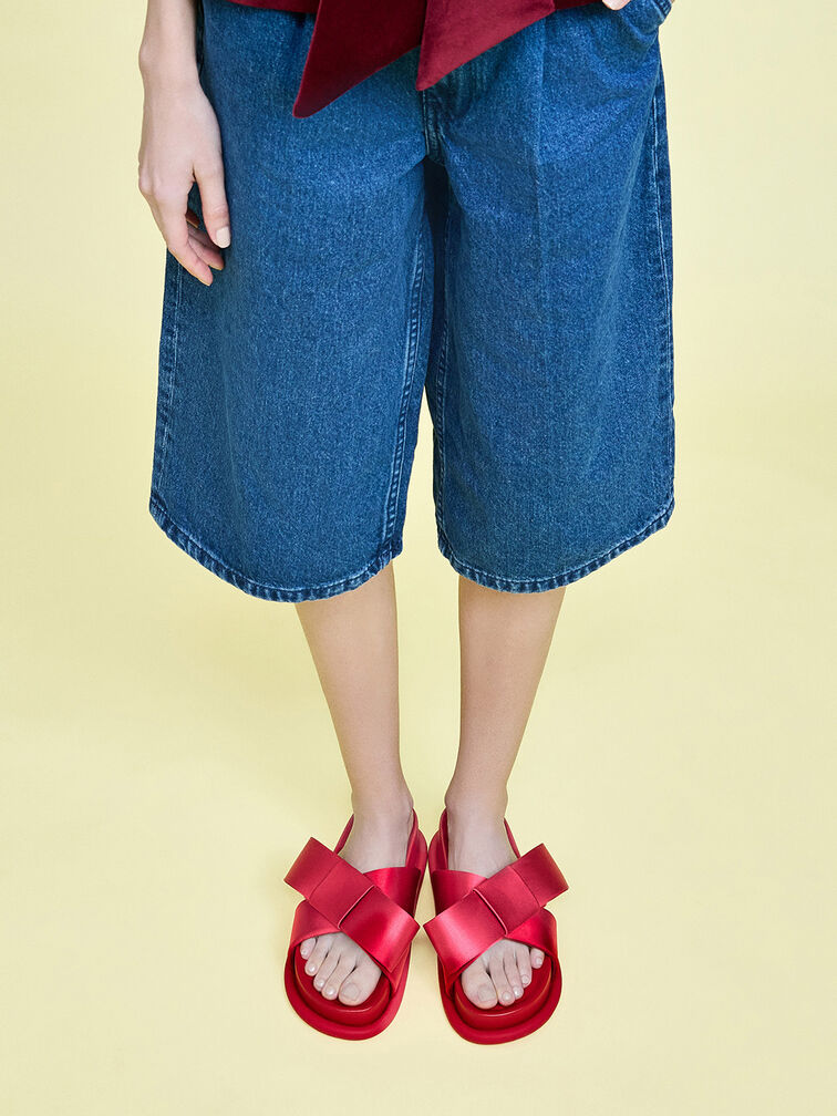 Satin Bow Flatform Sandals, Red, hi-res