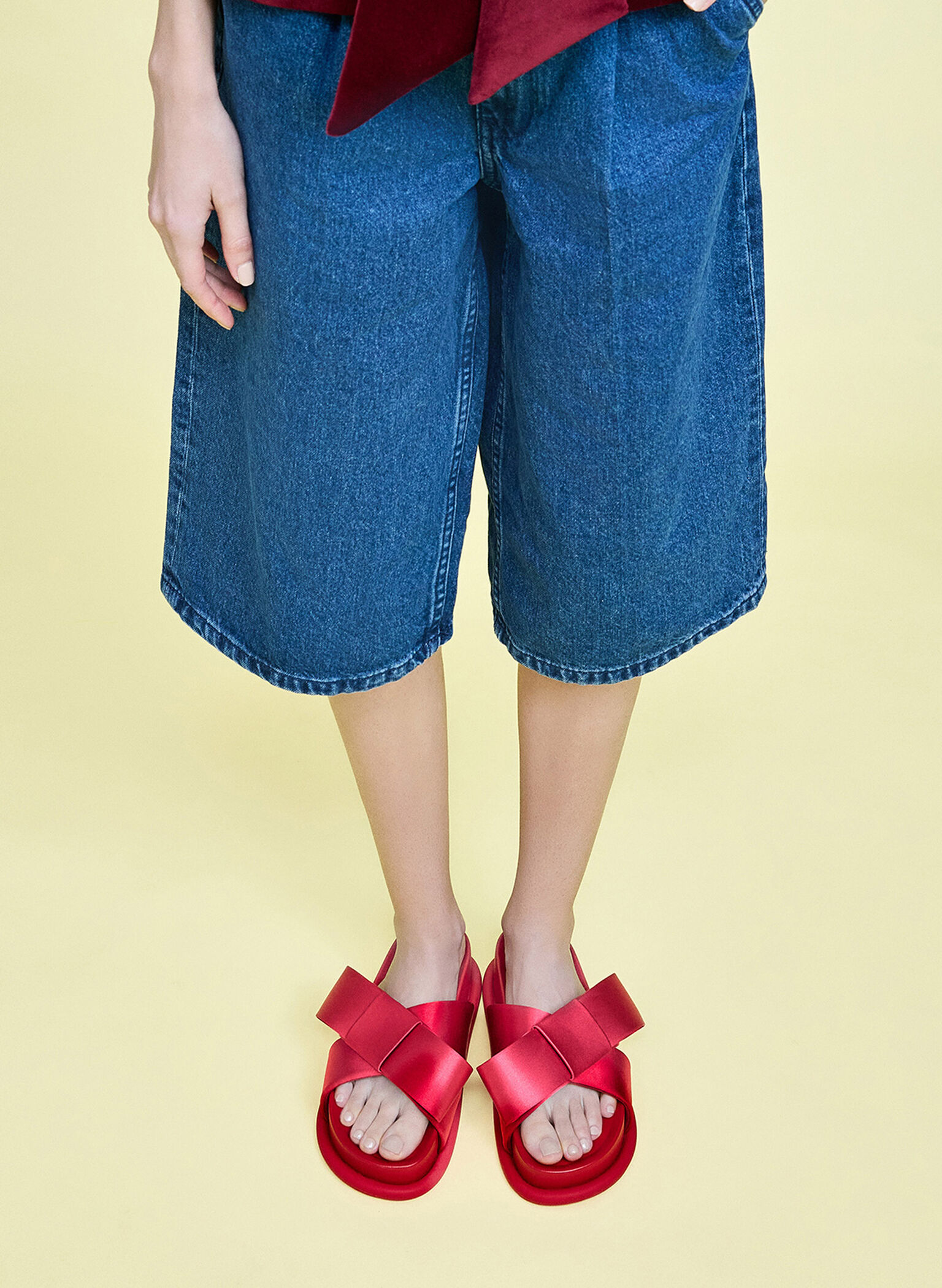 Satin Bow Flatform Sandals, Red, hi-res