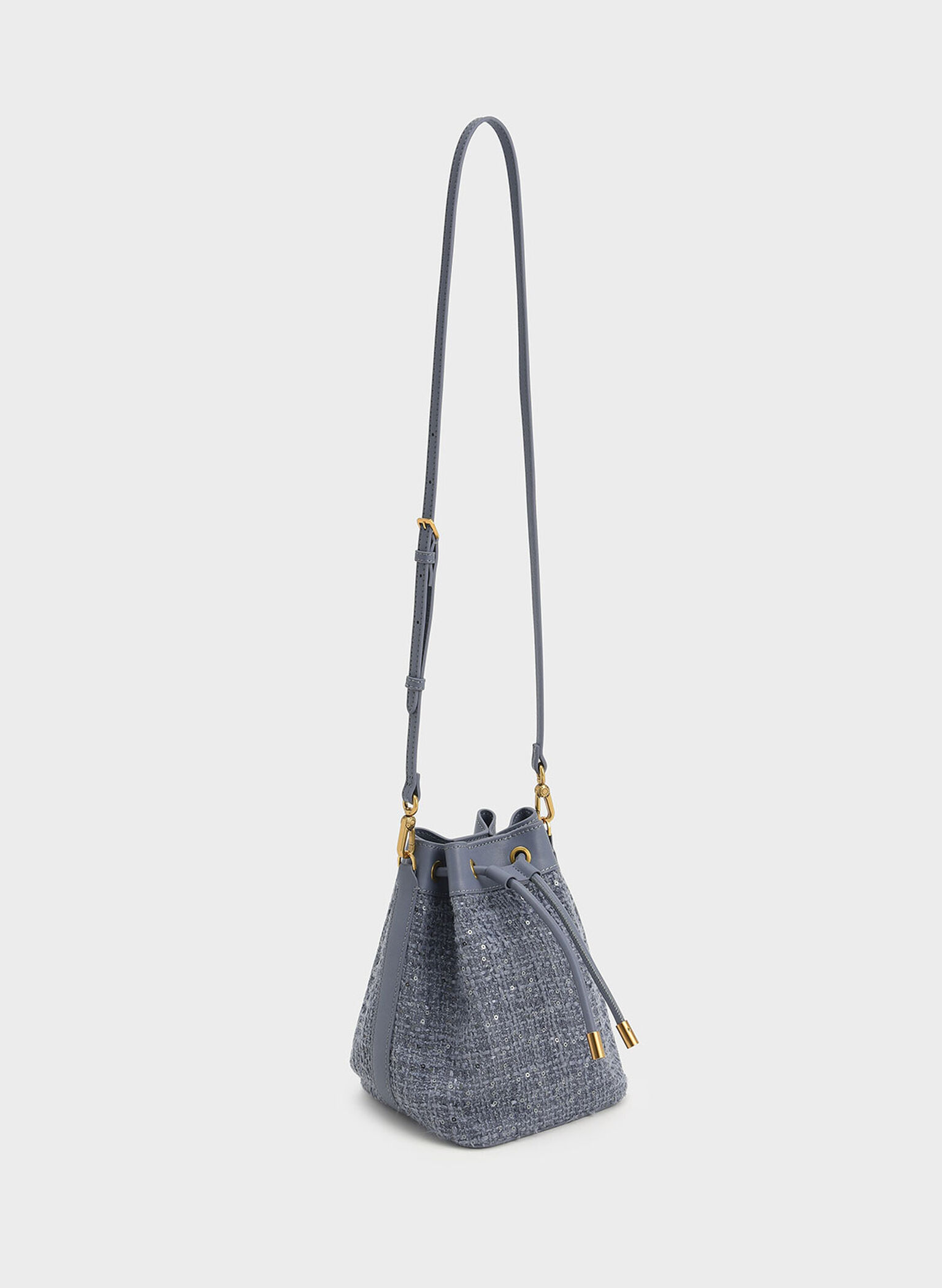 Woven Handle Tweed Bucket Bag, Denim Blue, hi-res