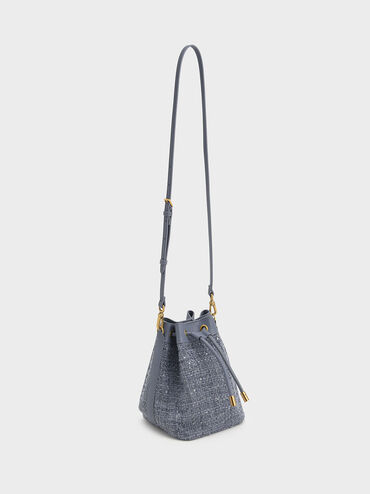 Woven Handle Tweed Bucket Bag, Denim Blue, hi-res