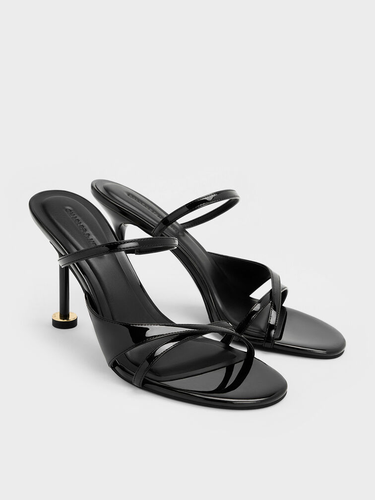 Patent Crossover Sculptural-Heel Strappy Mules, Black Patent, hi-res