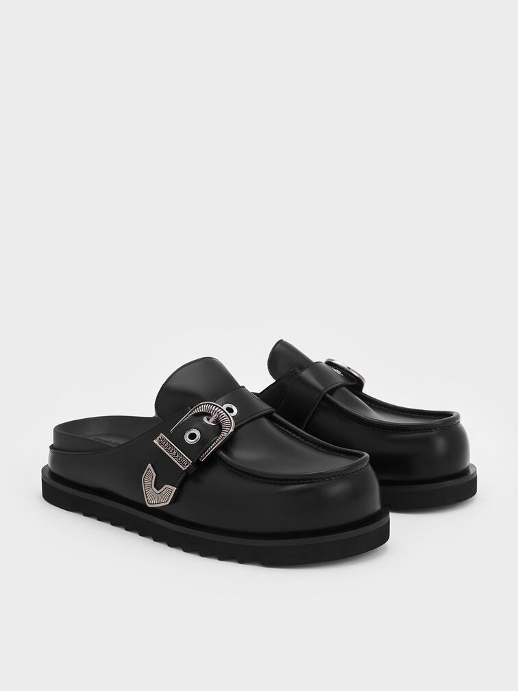 Kirke Buckle-Strap Flatform Mules, Black, hi-res