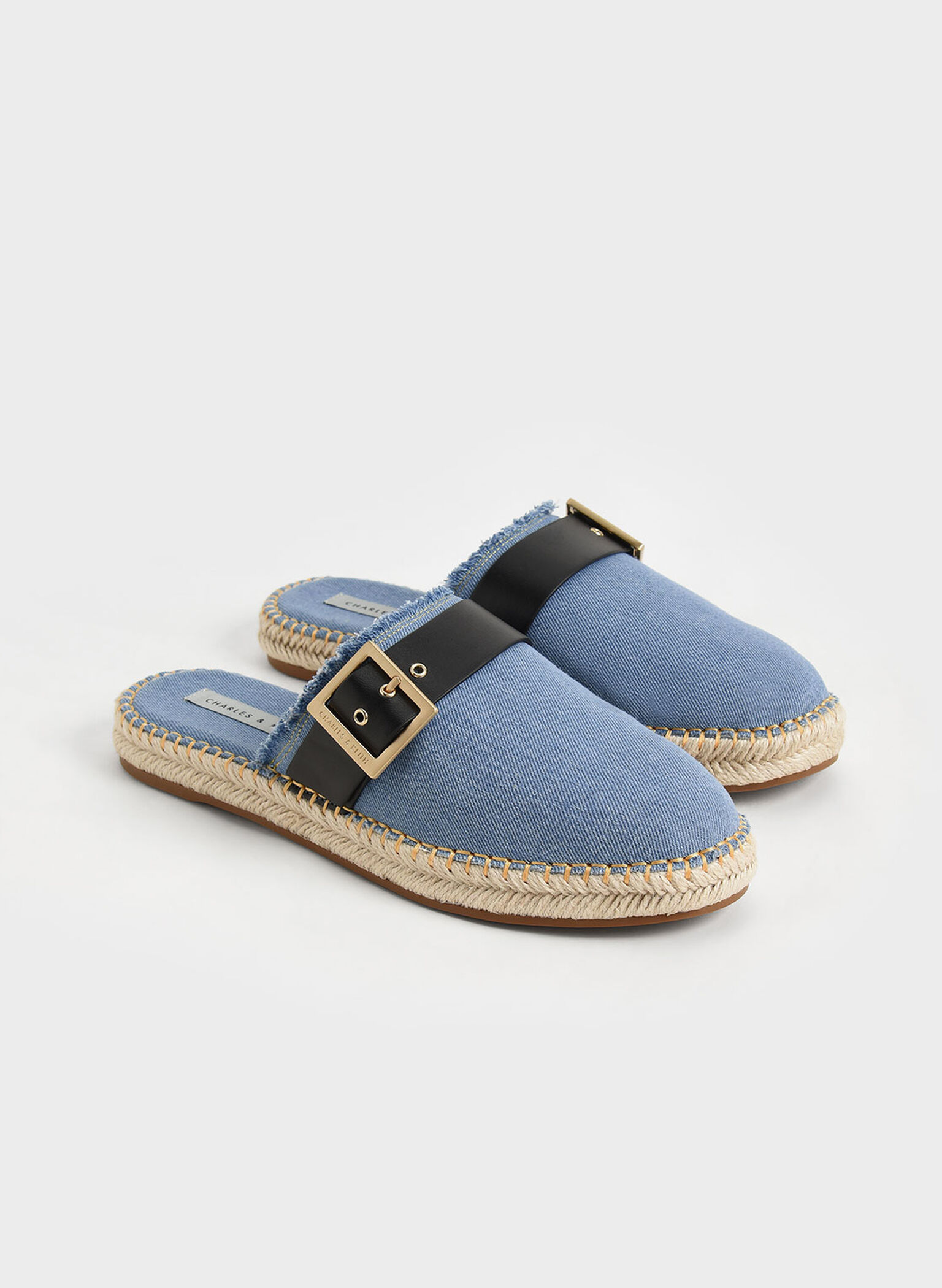 Buckled Denim Espadrille Mules, Blue, hi-res
