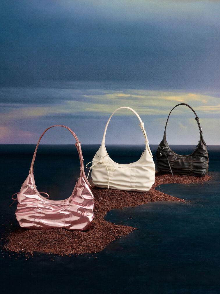 Kadee Metallic Ruched Bow-Charm Hobo Bag, Aura Pink, hi-res
