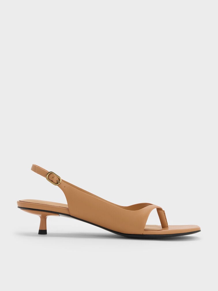 Rayne Square-Toe Kitten-Heel Thong Slingback Sandals, Cognac, hi-res