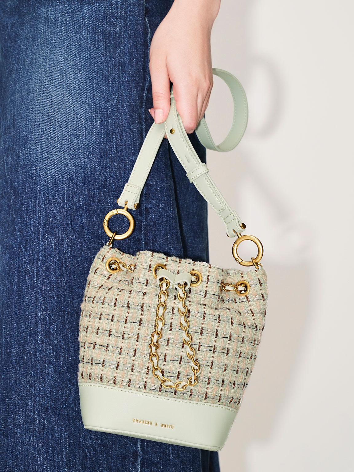Mint Green Dancer Tweed Drawstring Bucket Bag CHARLES KEITH UK