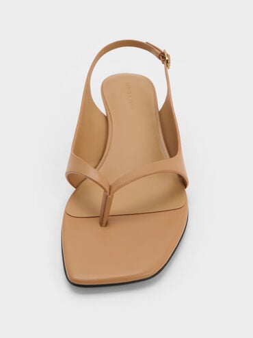 Rayne Square-Toe Kitten-Heel Thong Slingback Sandals, Cognac, hi-res