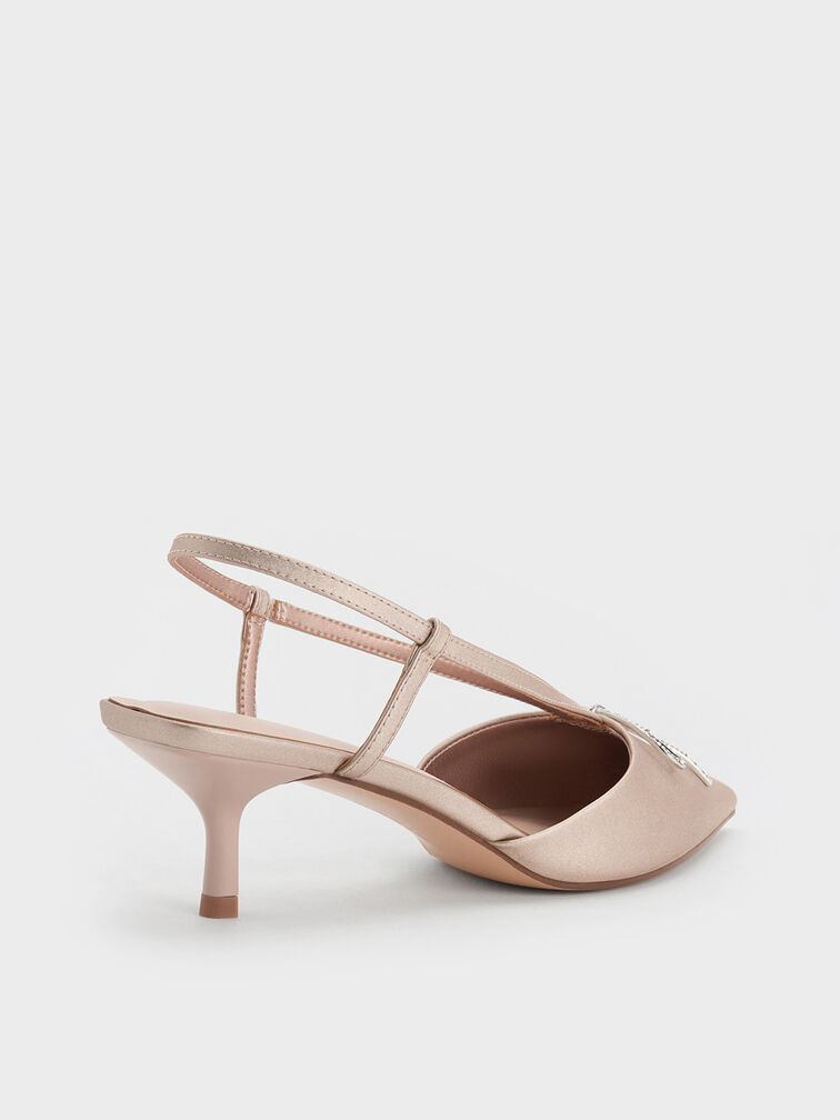 Crystal-Bow Kitten-Heel Slingback Pumps, Nude, hi-res