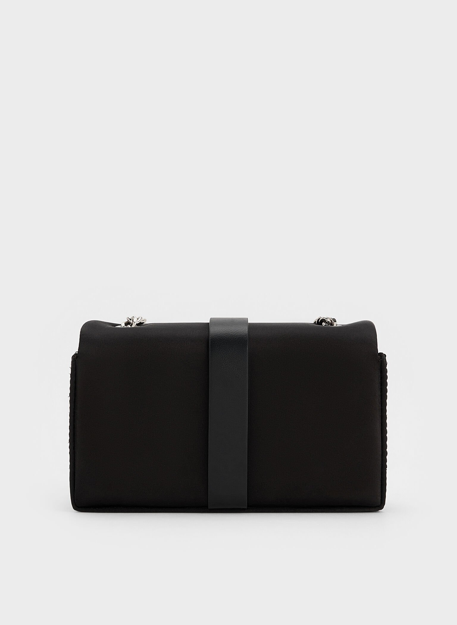 Satin Crystal-Buckle Belted Chain-Handle Bag, Noir, hi-res