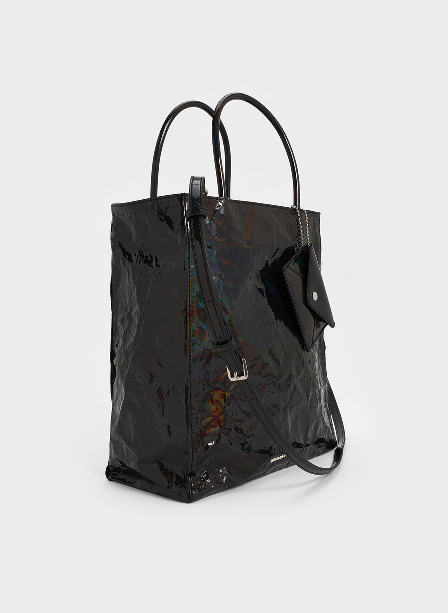 Large Matina Patent Crinkle-Effect Elongated Tote Bag, Prism Noir, hi-res