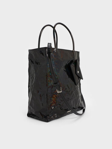 Large Matina Patent Crinkle-Effect Elongated Tote Bag, Prism Noir, hi-res