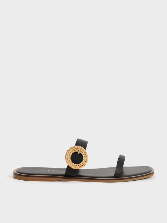 Woven Buckle Slide Sandals, Black, hi-res
