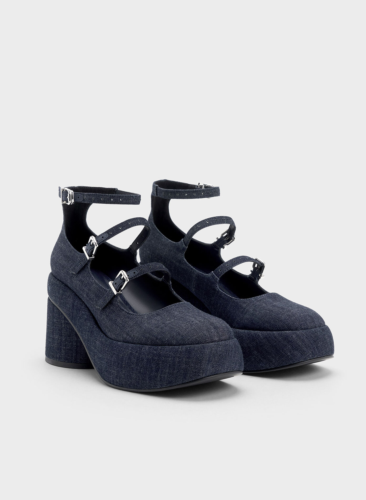 Luella Denim Triple-Strap Mary Jane Platform Pumps, Dark Blue, hi-res