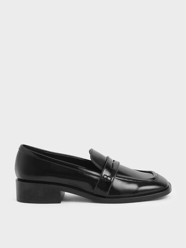 Glossy Finish Penny Loafers, Black, hi-res
