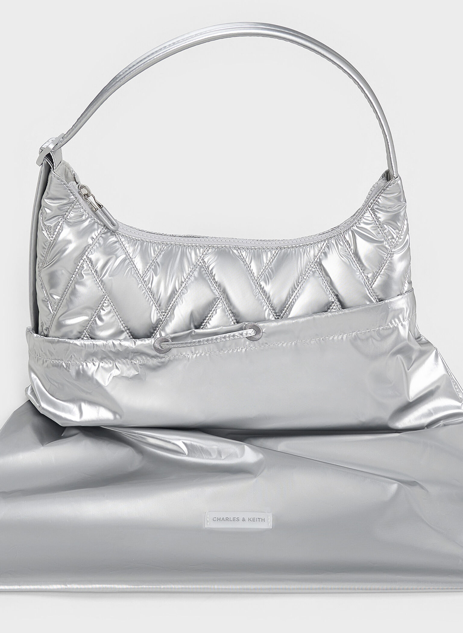 Nylon Chevron Shoulder Bag, Silver, hi-res