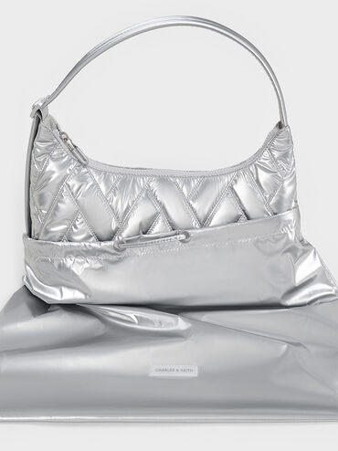 Nylon Chevron Shoulder Bag, Silver, hi-res