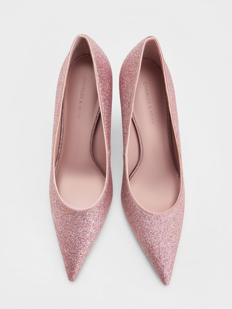 Glittered Cone-Heel Pointed-Toe Pumps, Pink, hi-res