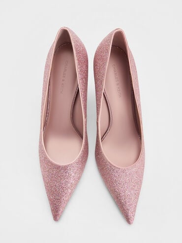 Glittered Cone-Heel Pointed-Toe Pumps, Pink, hi-res