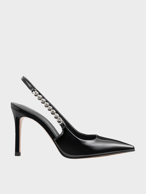 Flores Patent Gem-Strap Slingback Pumps, Black Patent, hi-res