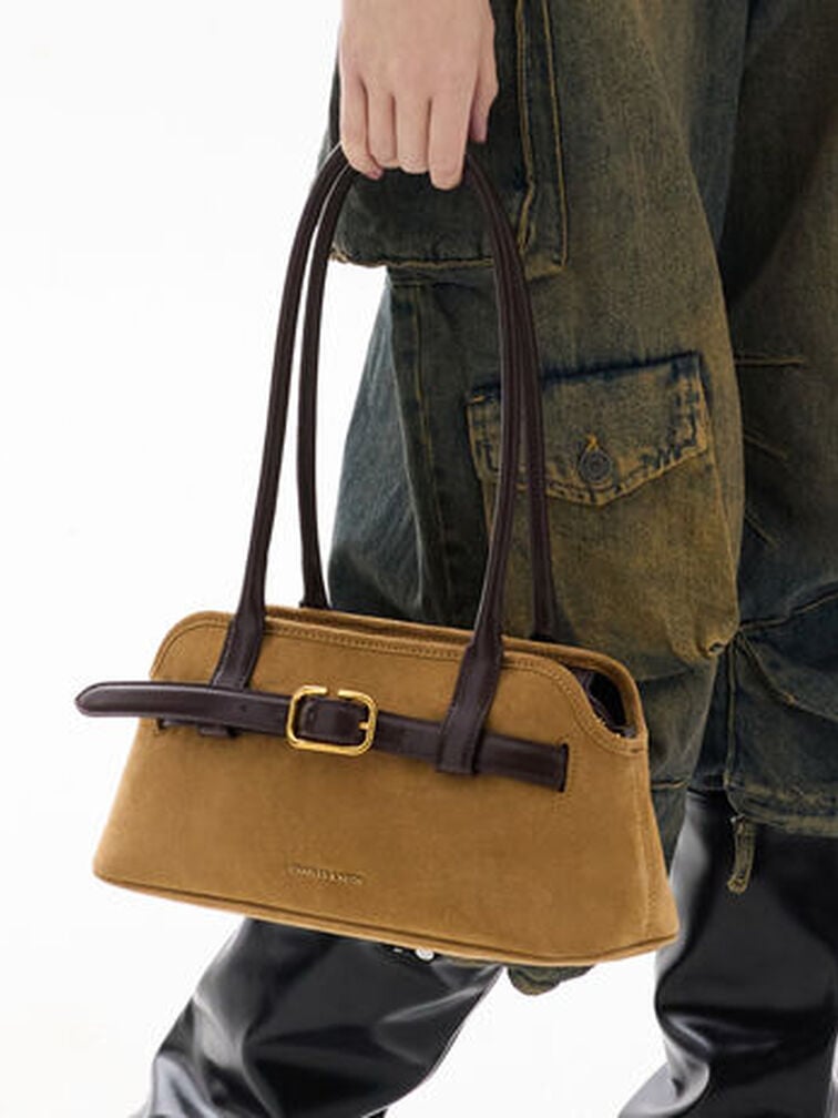 Victoria Recycled Suede Belted Elongated Shoulder Bag, Sahara Sand, hi-res
