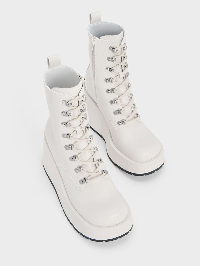 Lace-Up Platform Wedge Ankle Boots, White, hi-res