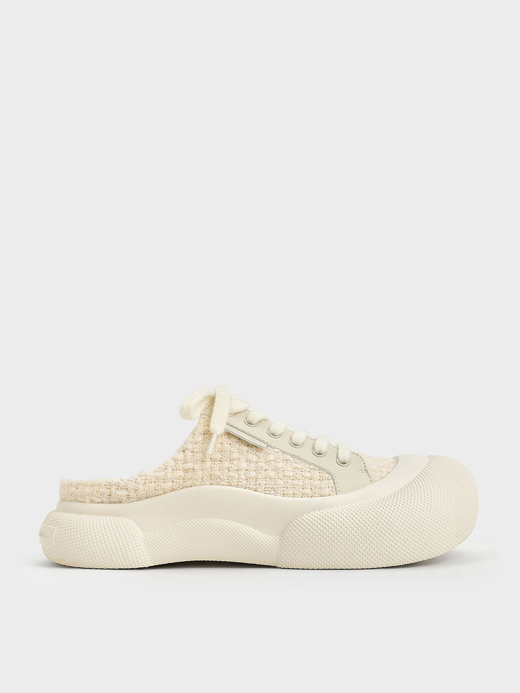 Tweed Lace-Up Slip-On Sneakers, Chalk, hi-res